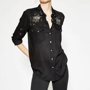 THE KOOPLES Sport Stardust Beading Embroidery Black Shirt Blouse Womens Small